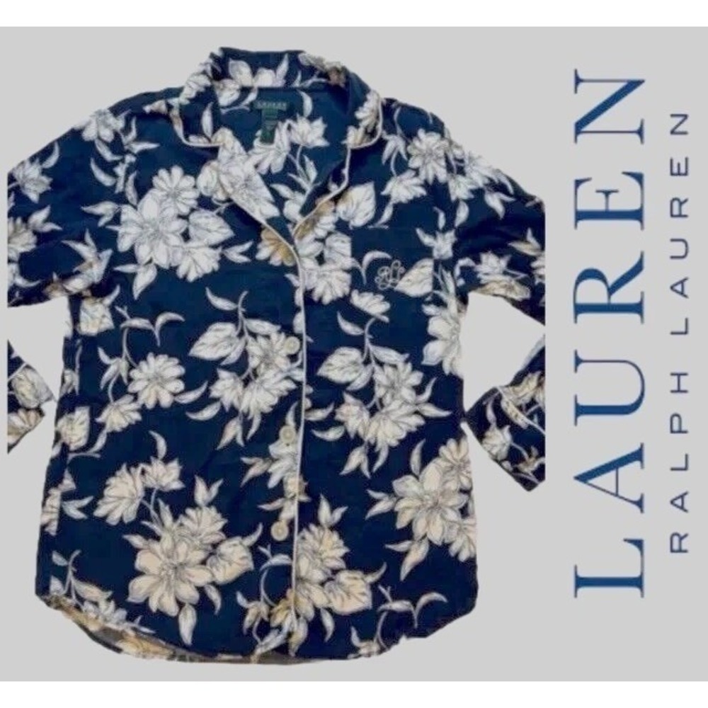 Lauren Ralph Lauren Pajama Top - Women's Large Blue Floral Button Monogram Sleep